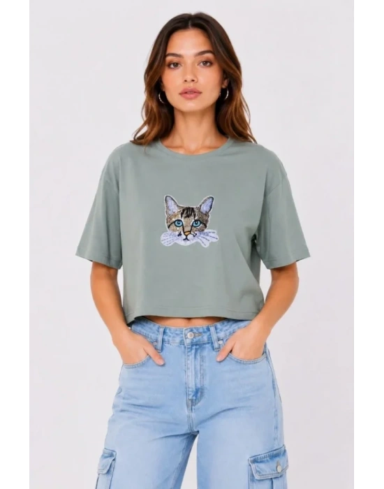 Kedi Baskılı Oversize Crop Tişört alaş Basic Yarım Kol Tshirt  int Yeşili
