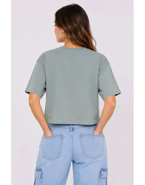 Kedi Baskılı Oversize Crop Tişört alaş Basic Yarım Kol Tshirt  int Yeşili