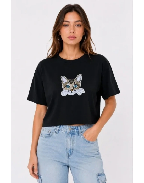 Kedi Baskılı Oversize Crop Tişört alaş Basic Yarım Kol Tshirt  iyah