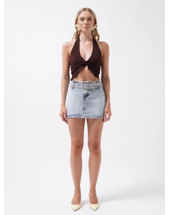 Kemer Detay Denim Mini Etek