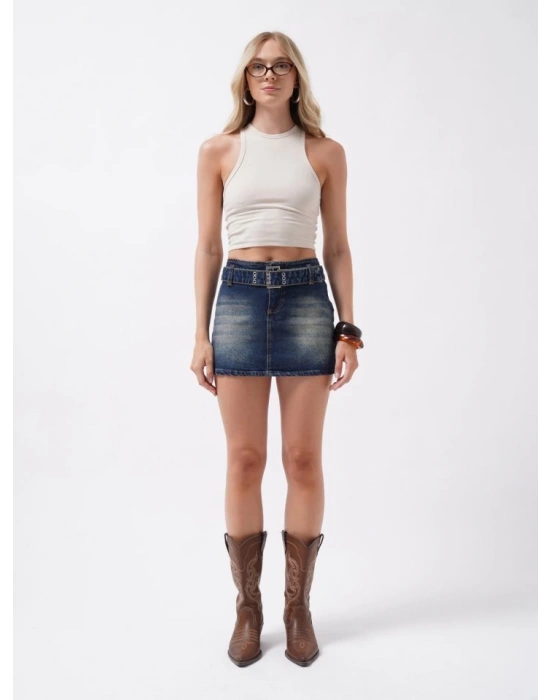 Kemer Detay Denim Mini Etek