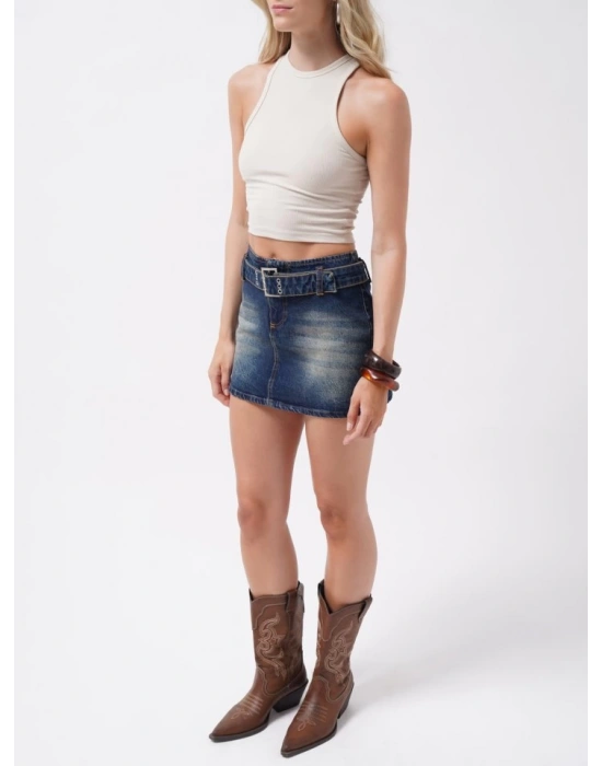 Kemer Detay Denim Mini Etek