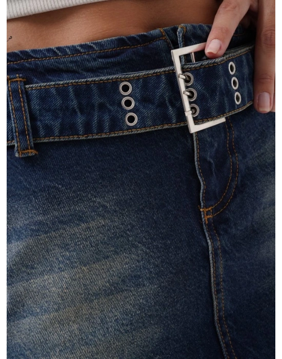 Kemer Detay Denim Mini Etek