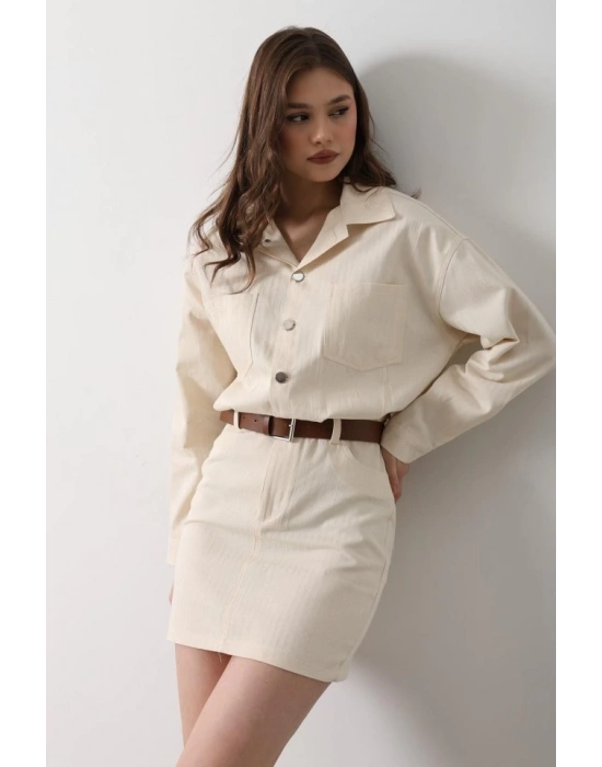 Kemer Detaylı Balıksırtı Gömlek Elbise  Natür