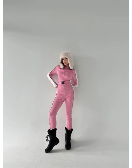 Kemer Detaylı Fermuarlı Tulum  Pembe