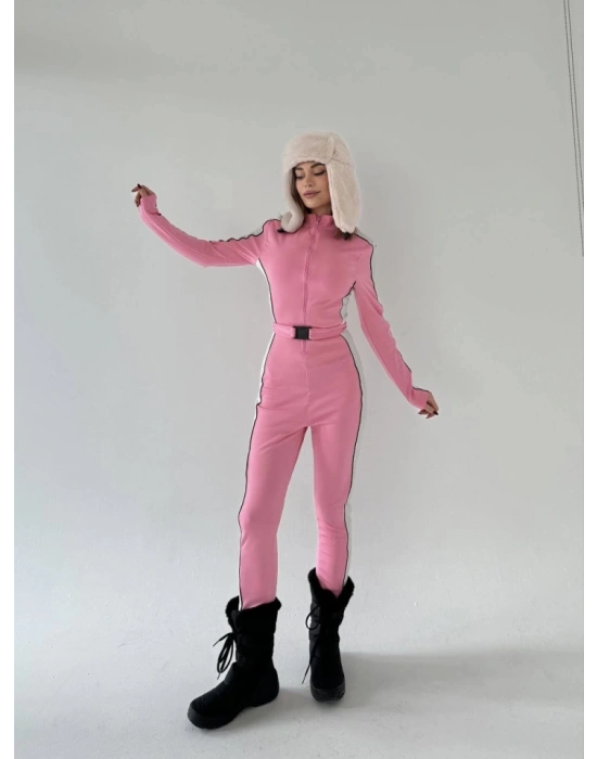 Kemer Detaylı Fermuarlı Tulum  Pembe