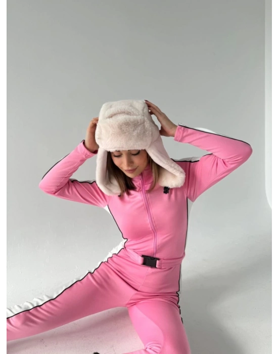 Kemer Detaylı Fermuarlı Tulum  Pembe