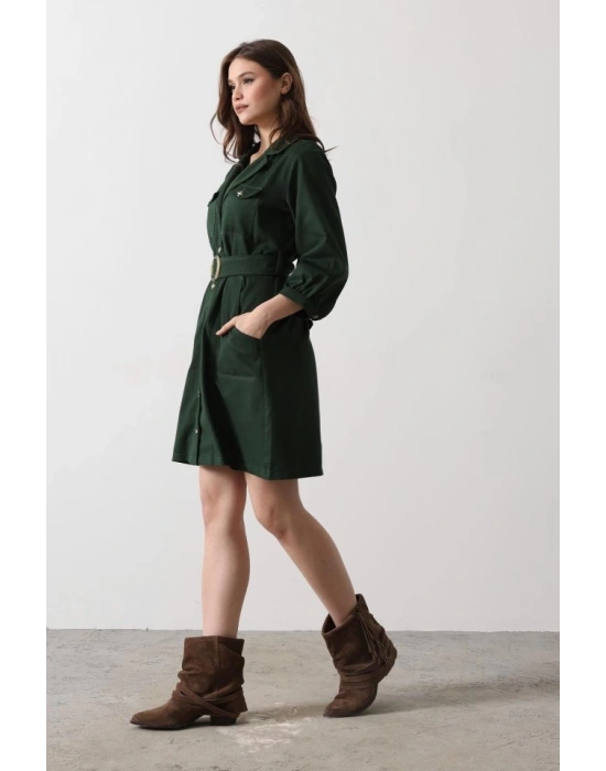 Kemer Detaylı Gabardin Elbise  Haki