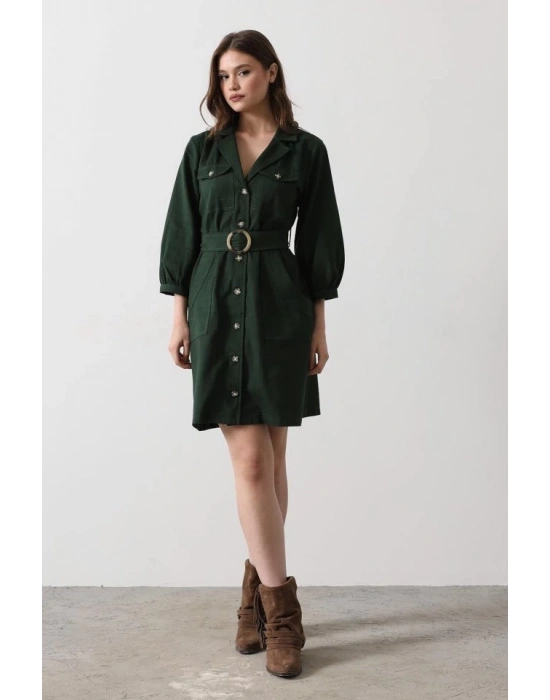 Kemer Detaylı Gabardin Elbise  Haki