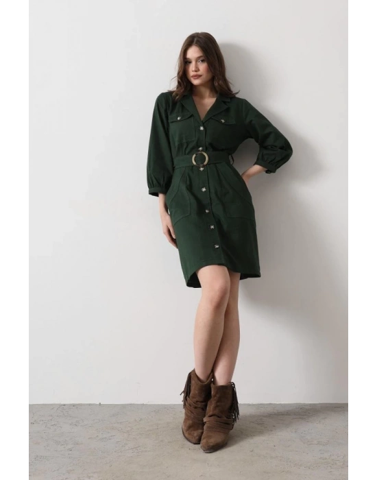 Kemer Detaylı Gabardin Elbise  Haki