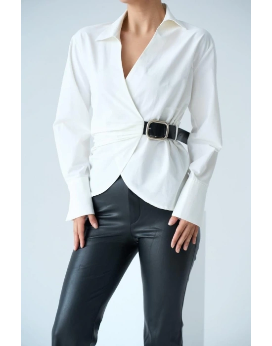 Kemerli Gömlek  Ekru