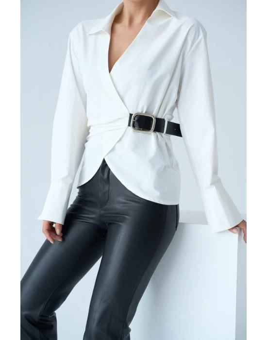 Kemerli Gömlek  Ekru