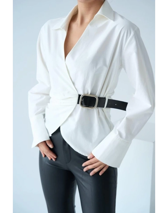 Kemerli Gömlek  Ekru