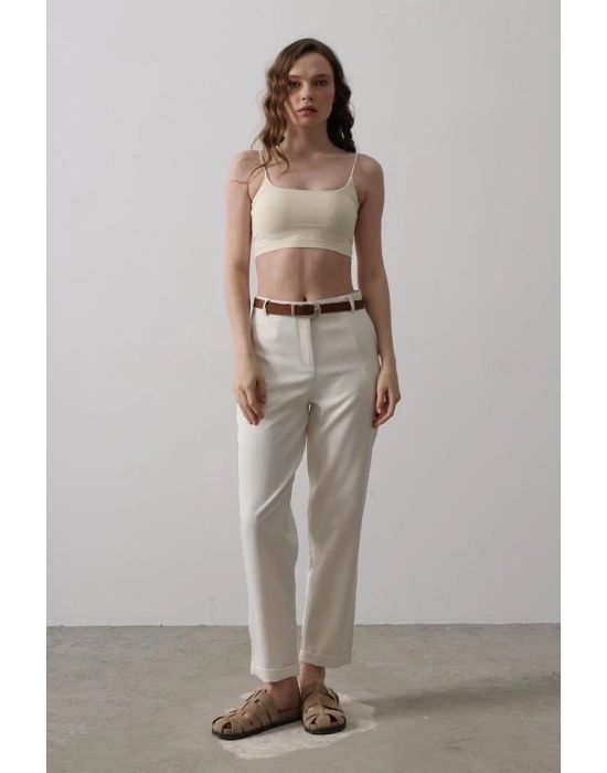 Kemerli Havuç Pantolon  Ekru