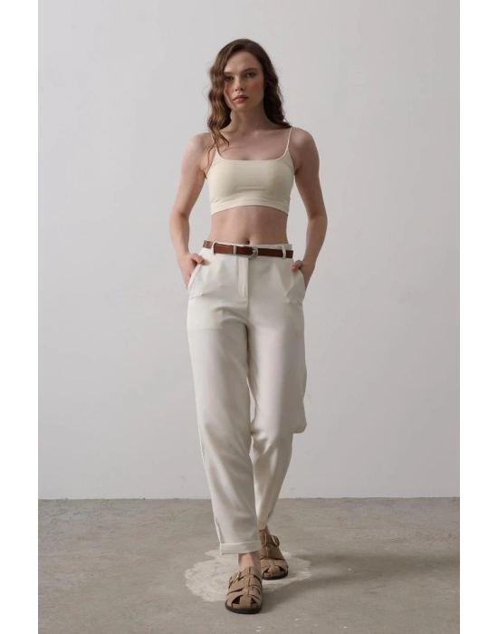Kemerli Havuç Pantolon  Ekru