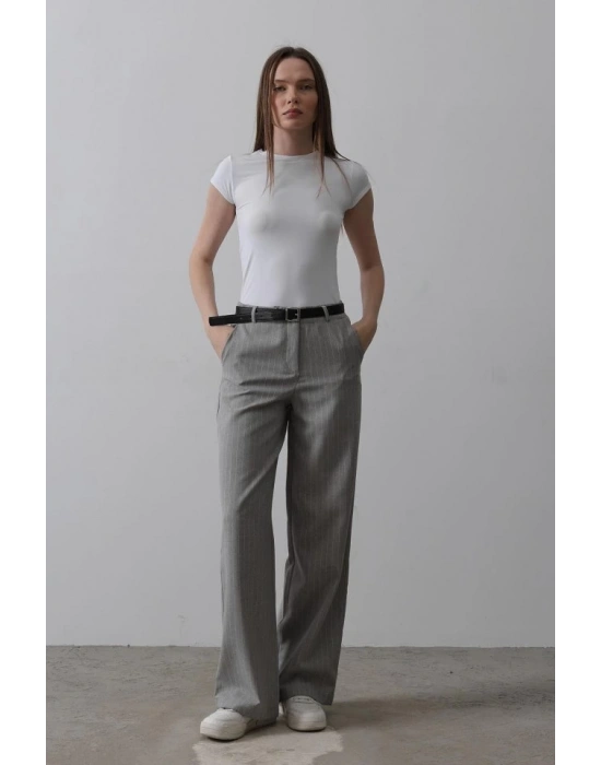 Kemerli Palazzo Pantolon  GriBeyaz