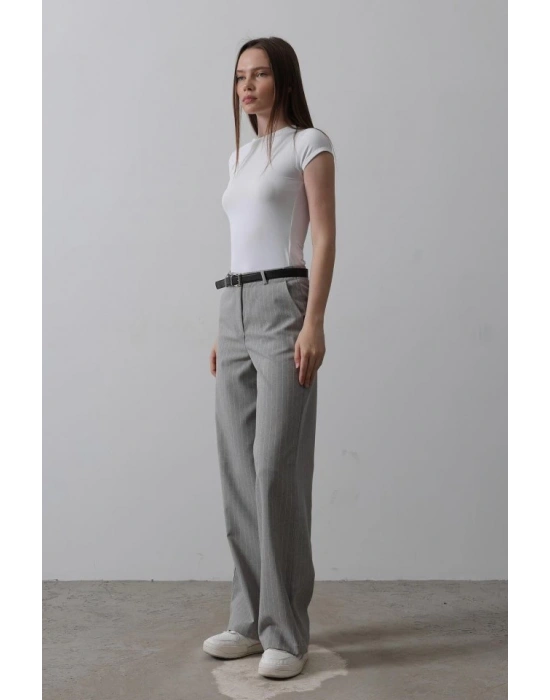 Kemerli Palazzo Pantolon  GriBeyaz