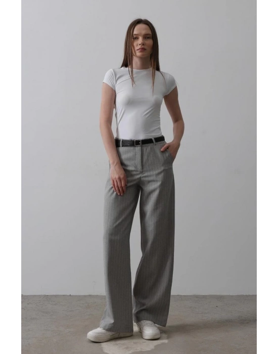 Kemerli Palazzo Pantolon  GriBeyaz