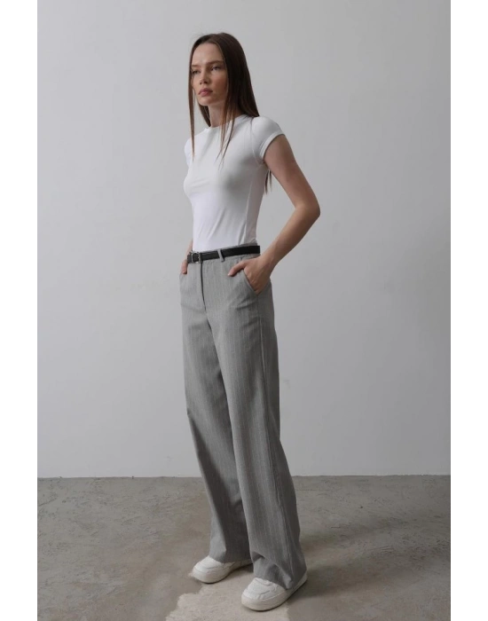 Kemerli Palazzo Pantolon  GriBeyaz