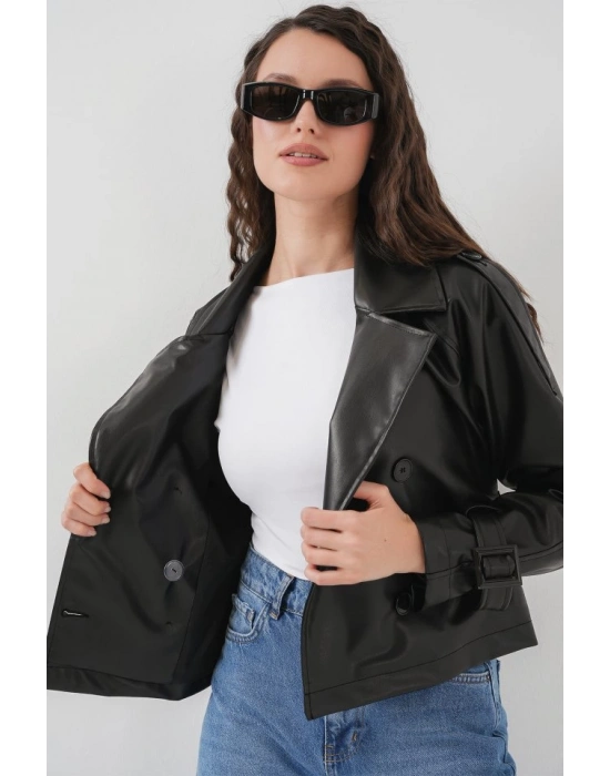 Kemerli Siyah Suni Deri Ceket 0698