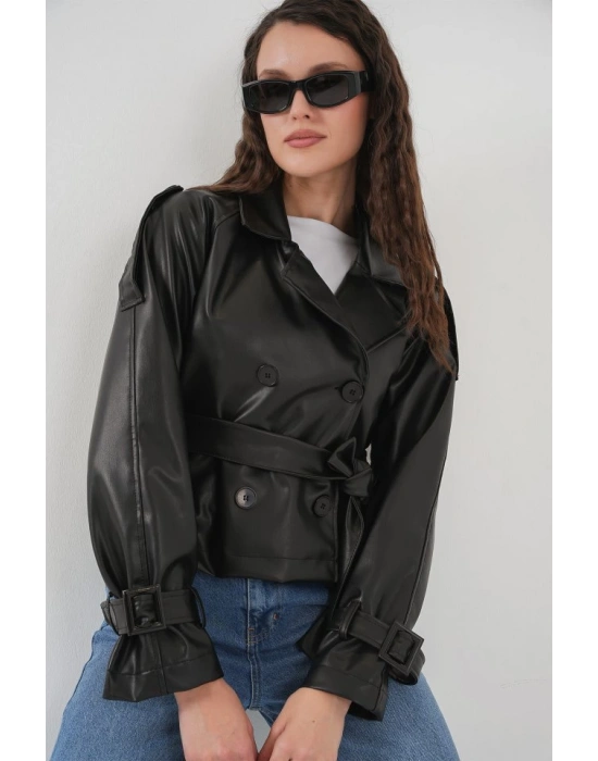 Kemerli Siyah Suni Deri Ceket 0698