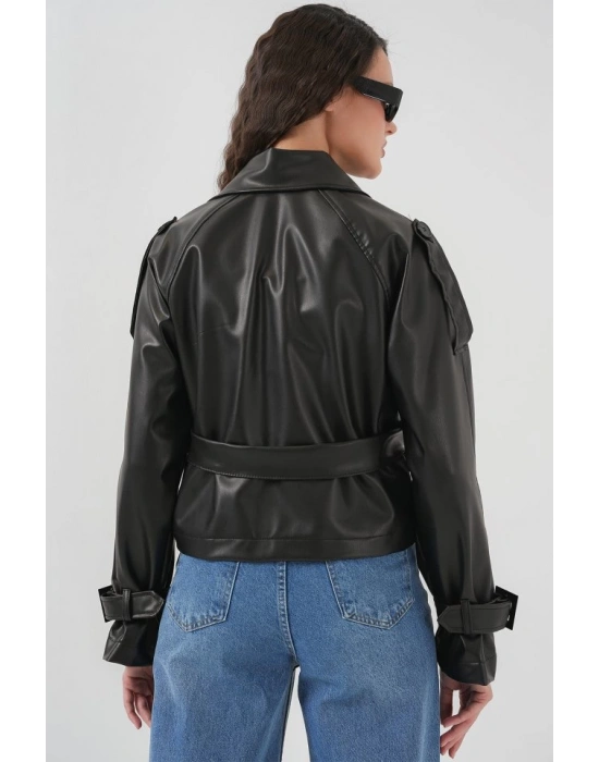Kemerli Siyah Suni Deri Ceket 0698