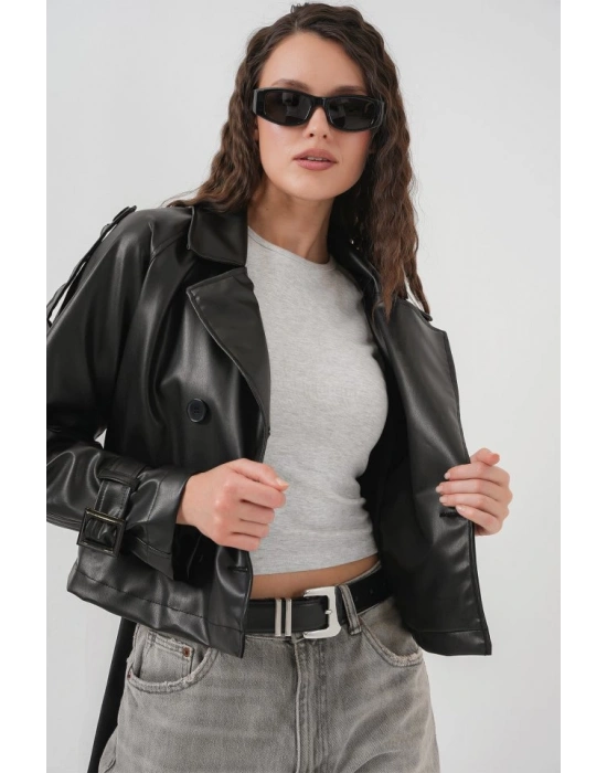 Kemerli Suni Deri Ceket 1046  Siyah