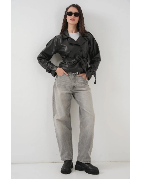 Kemerli Suni Deri Ceket 1046  Siyah