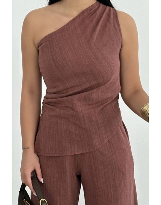 Keten Asimetrik Tek Omuzlu Bluz Pantalon Takım Bordo