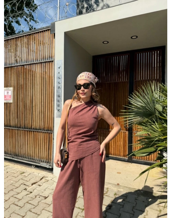 Keten Asimetrik Tek Omuzlu Bluz Pantalon Takım Bordo