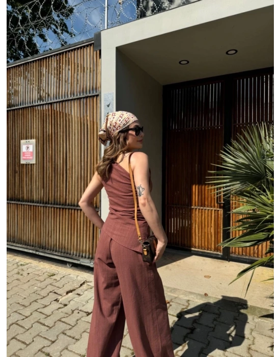 Keten Asimetrik Tek Omuzlu Bluz Pantalon Takım Bordo