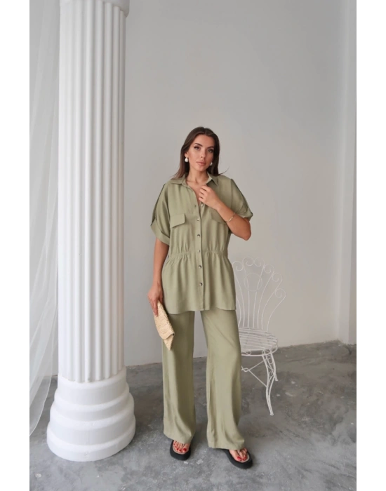 KETEN BEDEN BÜZGÜ DETAYI GÖEK  PANTOON TAKI  Yeşil