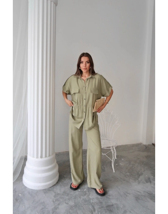 KETEN BEDEN BÜZGÜ DETAYI GÖEK  PANTOON TAKI  Yeşil