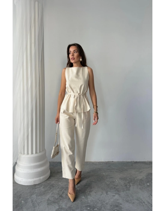 KETEN BLUZ  PANTOLON TAKIM MAİMO MODELCREAT KUMAŞ  Bej