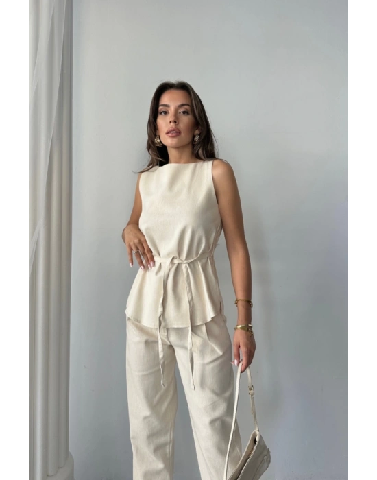 KETEN BLUZ  PANTOLON TAKIM MAİMO MODELCREAT KUMAŞ  Bej