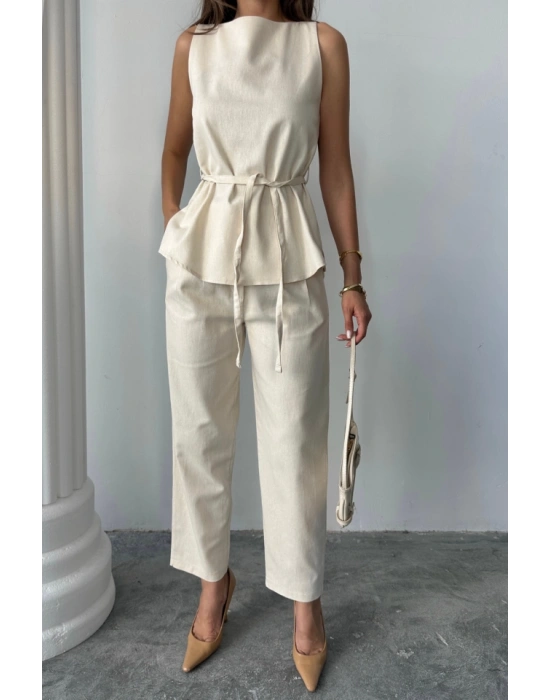 KETEN BLUZ  PANTOLON TAKIM MAİMO MODELCREAT KUMAŞ  Bej