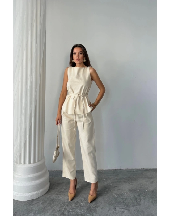 KETEN BLUZ  PANTOLON TAKIM MAİMO MODELCREAT KUMAŞ  Bej