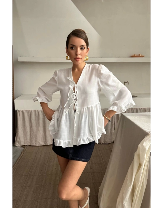 KETEN BLUZ ÖNDEN BAĞLAALI FIRFIR DETAYLI  Beyaz