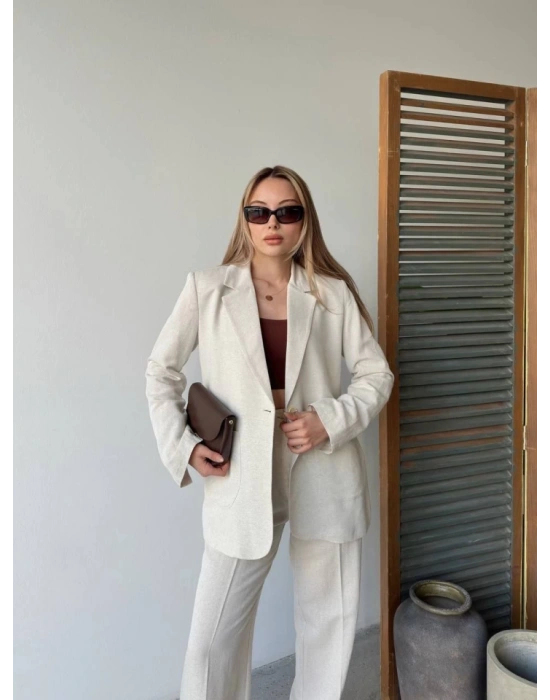 Keten Ceket Pantolon Ikili Takım  Beyaz