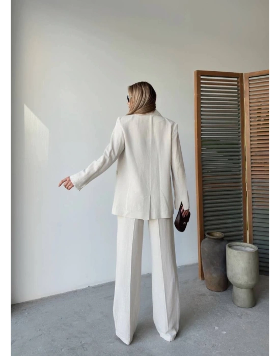 Keten Ceket Pantolon Ikili Takım  Beyaz