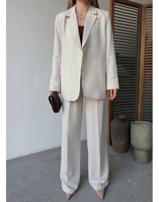 Keten Ceket Pantolon Ikili Takım  Beyaz