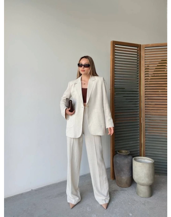 Keten Ceket Pantolon Ikili Takım  Beyaz