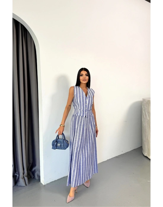 KETEN ÇİZGİLİ YELEK  UZUN ETEK TAKI  avi