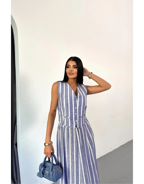 KETEN ÇİZGİLİ YELEK  UZUN ETEK TAKI  avi