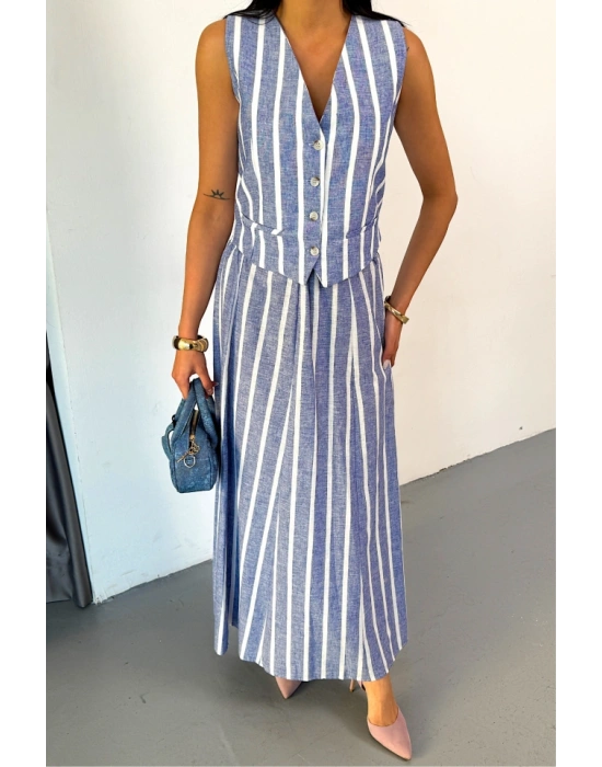 KETEN ÇİZGİLİ YELEK  UZUN ETEK TAKI  avi