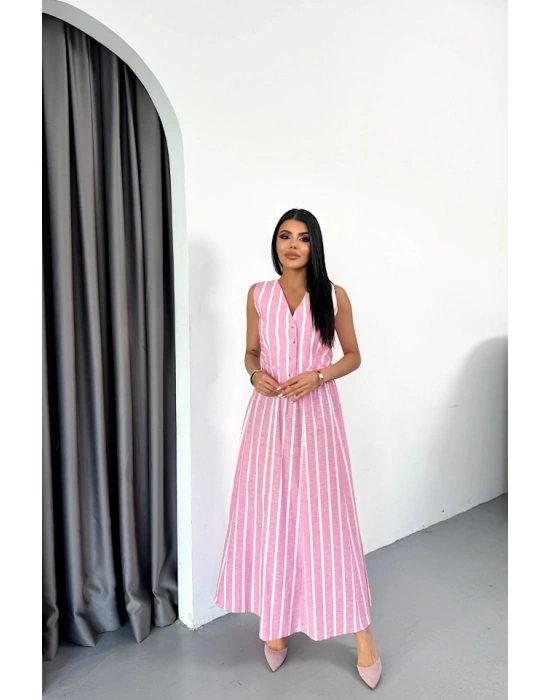 KETEN ÇİZGİLİ YELEK  UZUN ETEK TAKIM  Pembe