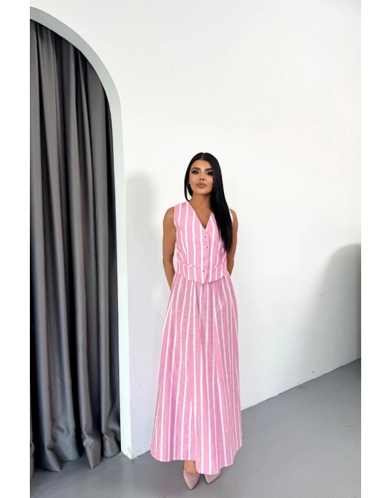 KETEN ÇİZGİLİ YELEK  UZUN ETEK TAKIM  Pembe