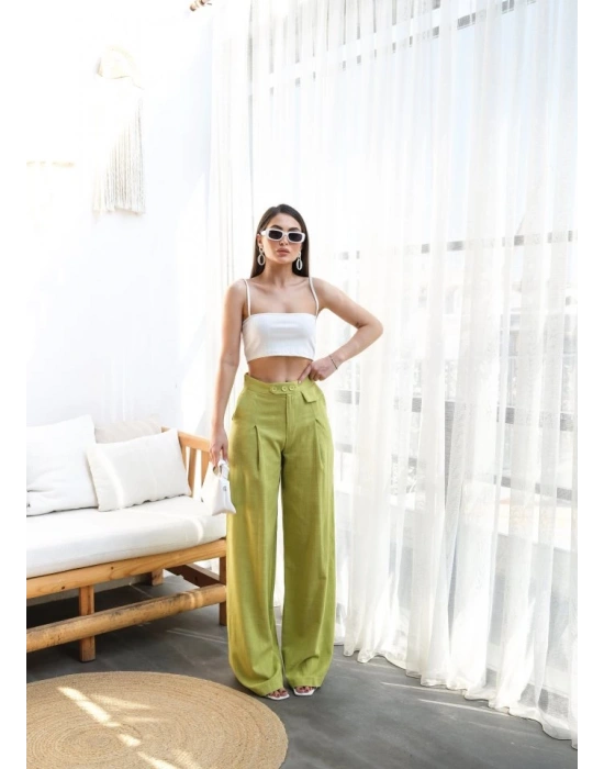 Keten Düğme Detayli Dökümlü Palazzo Pantolon