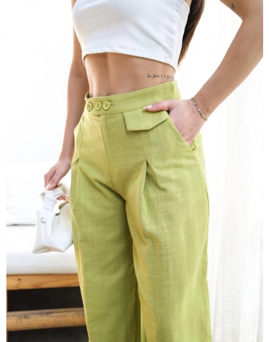 Keten Düğme Detayli Dökümlü Palazzo Pantolon