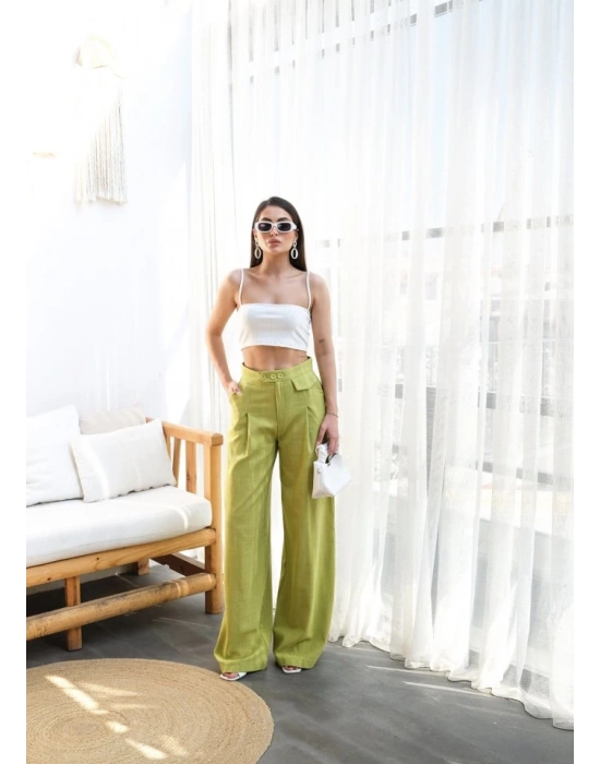 Keten Düğme Detayli Dökümlü Palazzo Pantolon